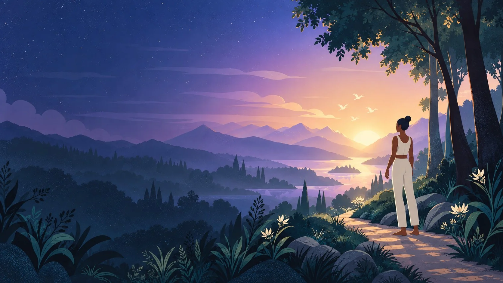 A woman on a forest path looking out over a lake and mountains toward the sunrise.