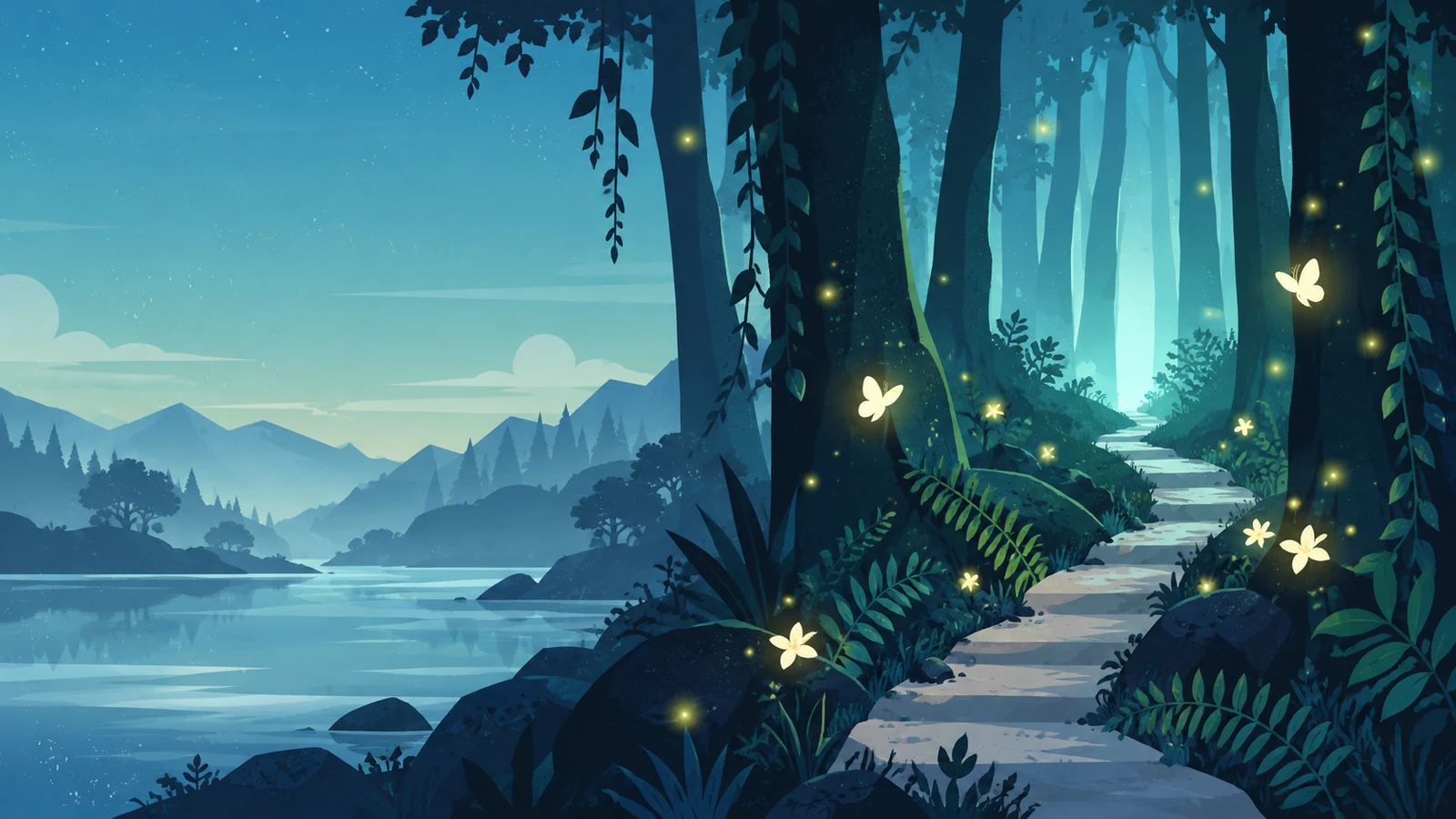 A pale path winding through a dark forest, lit by fireflies and glowing flowers.
