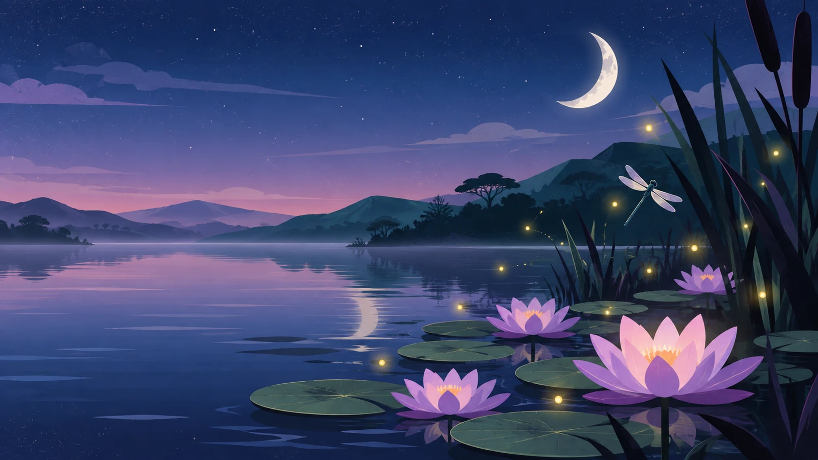 Lotus flowers open on a still lake at night beneath a crescent moon, fireflies drifting above the water.