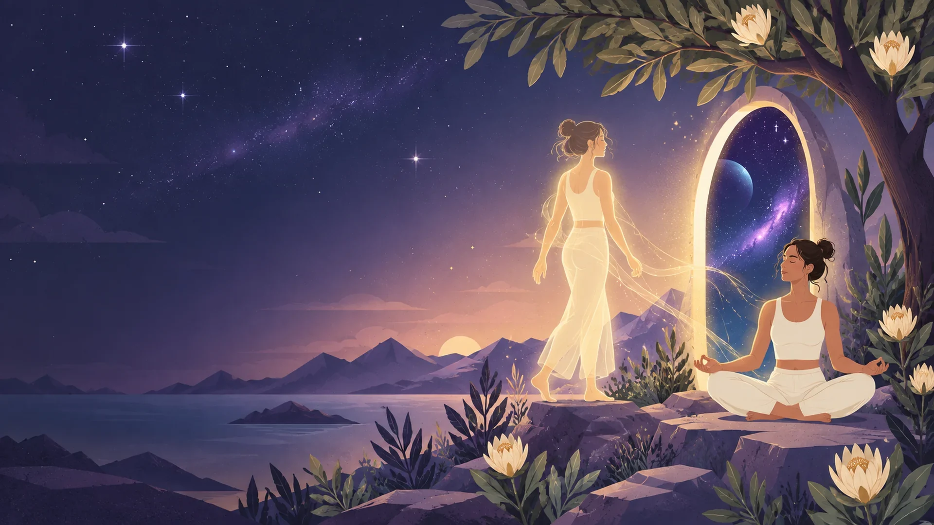 A glowing archway on a hillside at dusk, a luminous figure stepping through as a woman meditates beside it.