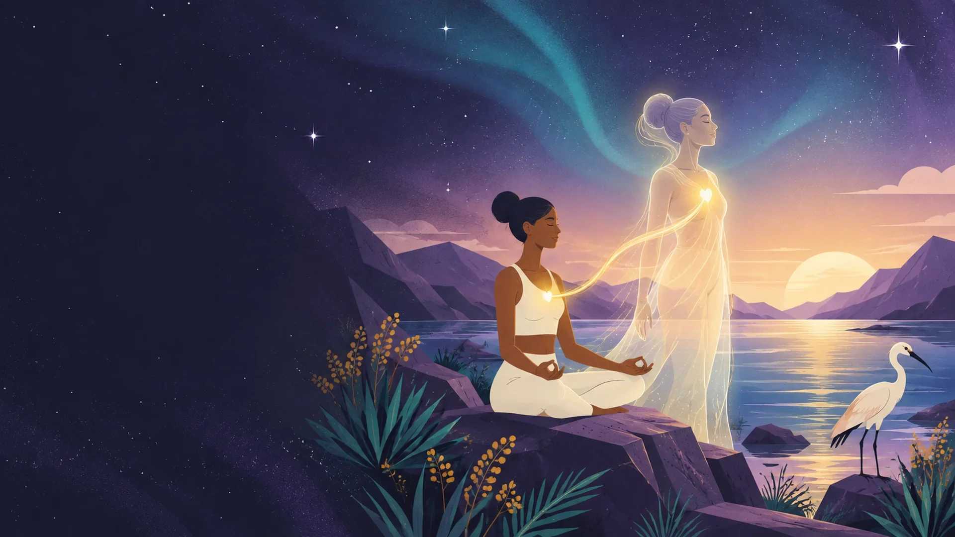A woman meditating on a cliff at dusk, a thread of light running from her heart to a luminous figure beside her.