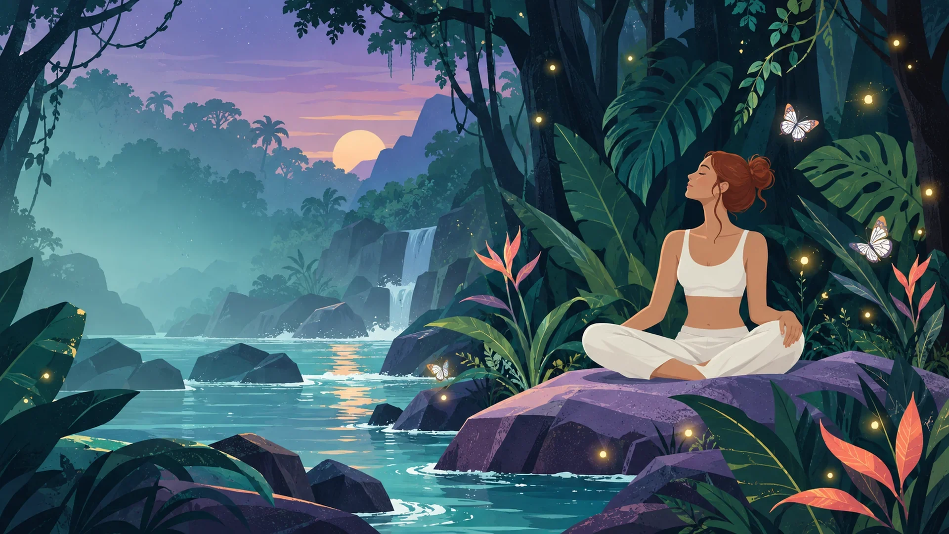 A woman meditating on a rock beside a jungle river at dusk, fireflies and butterflies around her.