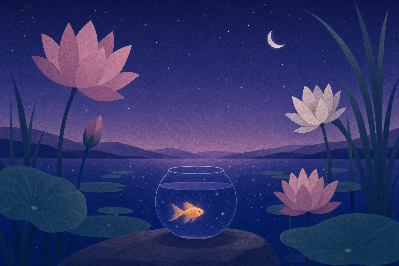 A glowing fish in a glass bowl beside a lake, the water inside and outside the bowl the same colour.