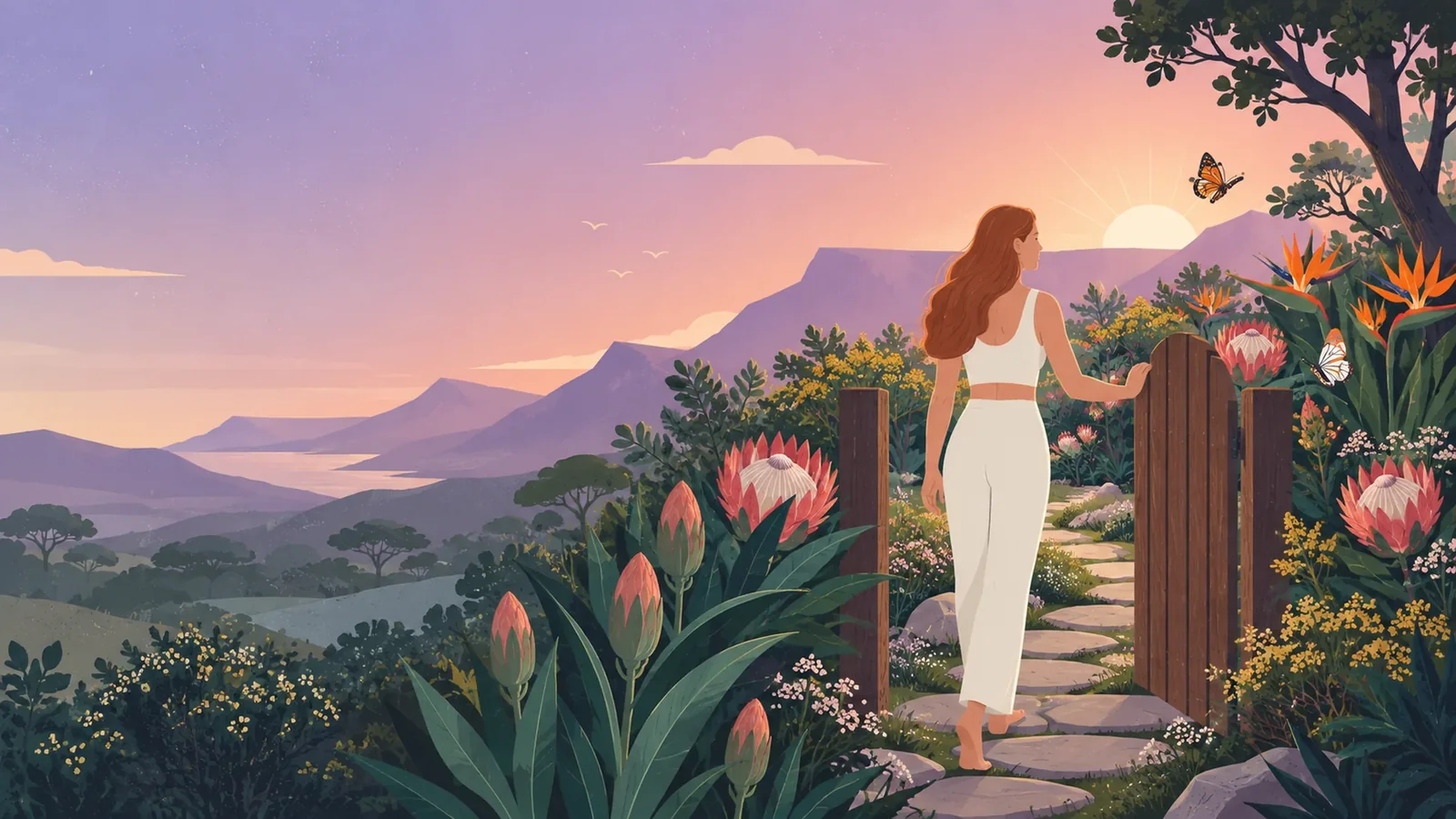 A woman opening a wooden garden gate onto a stone path lined with proteas at sunrise.